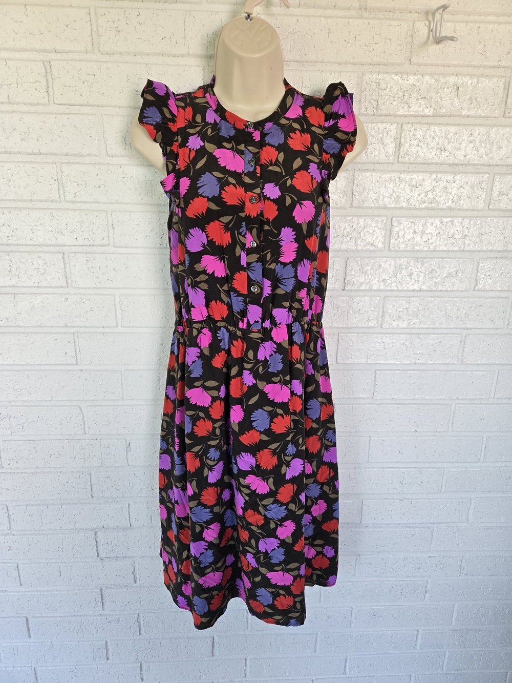 J. Crew Black Midi Dress with Pink, Red & Purple Floral Print #1221